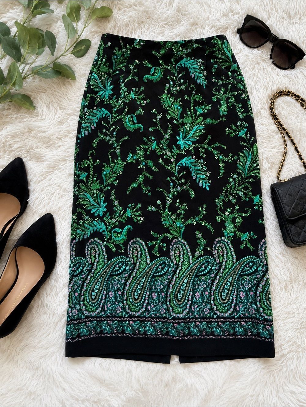 Briggs New York Paisley Print Pencil Skirt Black Green Teal Size 14